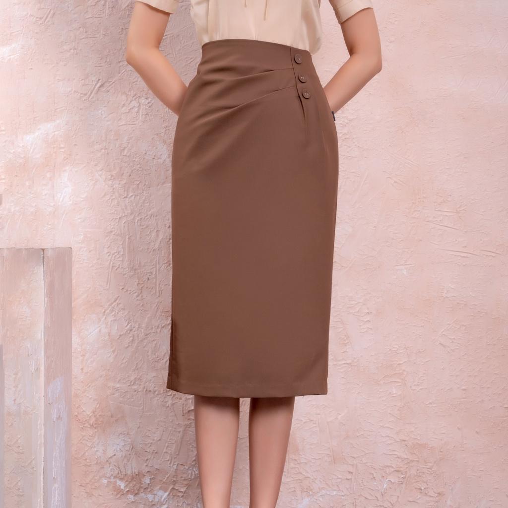 Chân Váy Bút Chì Công Sở UK Fashion Thiết Kế 3 Cúc Dáng Dài Sang Trọng, Chất Liệu Vải Co Giãn Và Mềm Mịn NKCV2201006