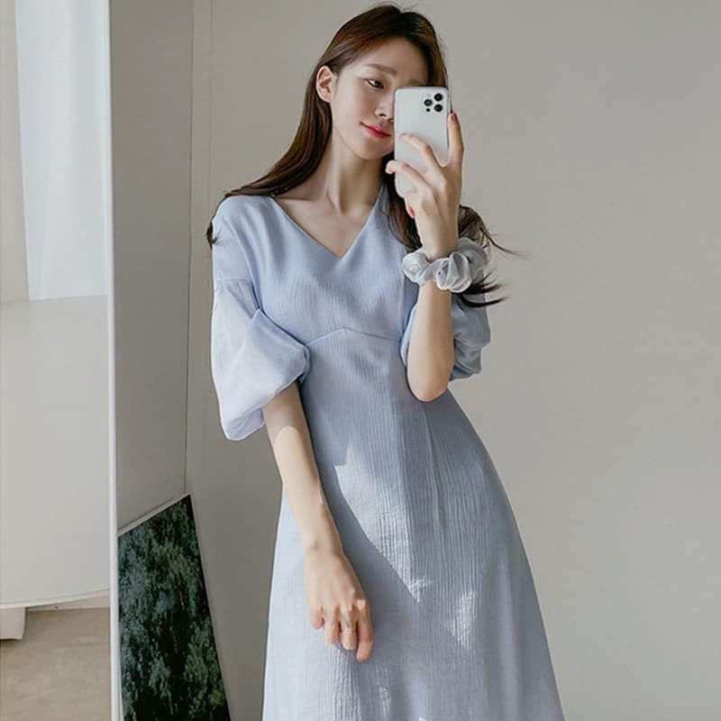Đầm công sở cổ V tay phồng dịu dàng thanh lịch