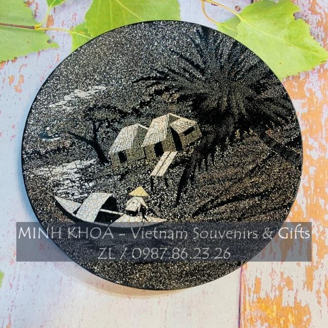 Bộ 2 Đĩa Tròn Sơn Mài Cẩn Trứng Trai 20 Cm - Vietnam Lacquer Round Plate With Handpanting