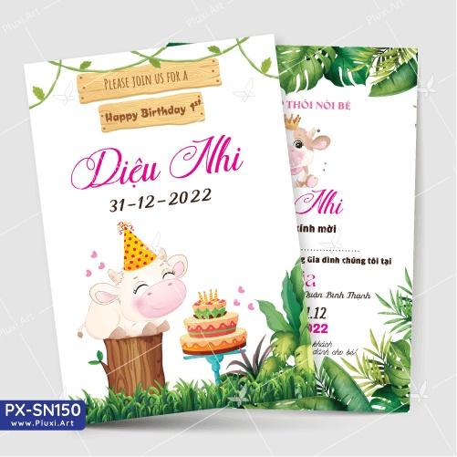 Thiệp thôi nôi – sinh nhật Pluxi bé Gái tuổi Sửu - Trâu - PX_SN150