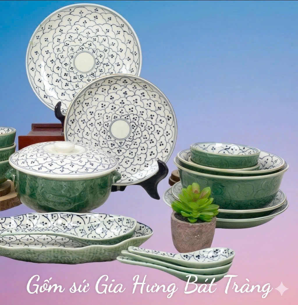 Bộ bát đĩa gốm sứ Bát Tràng cao cấp men lục bảo vẽ bèo dâu BDXĐ1