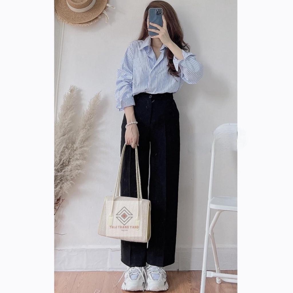 Quần vải ống suông cạp khoá màu đen mềm dáng dài - Quần tây nữ lưng cao ống suông công sở