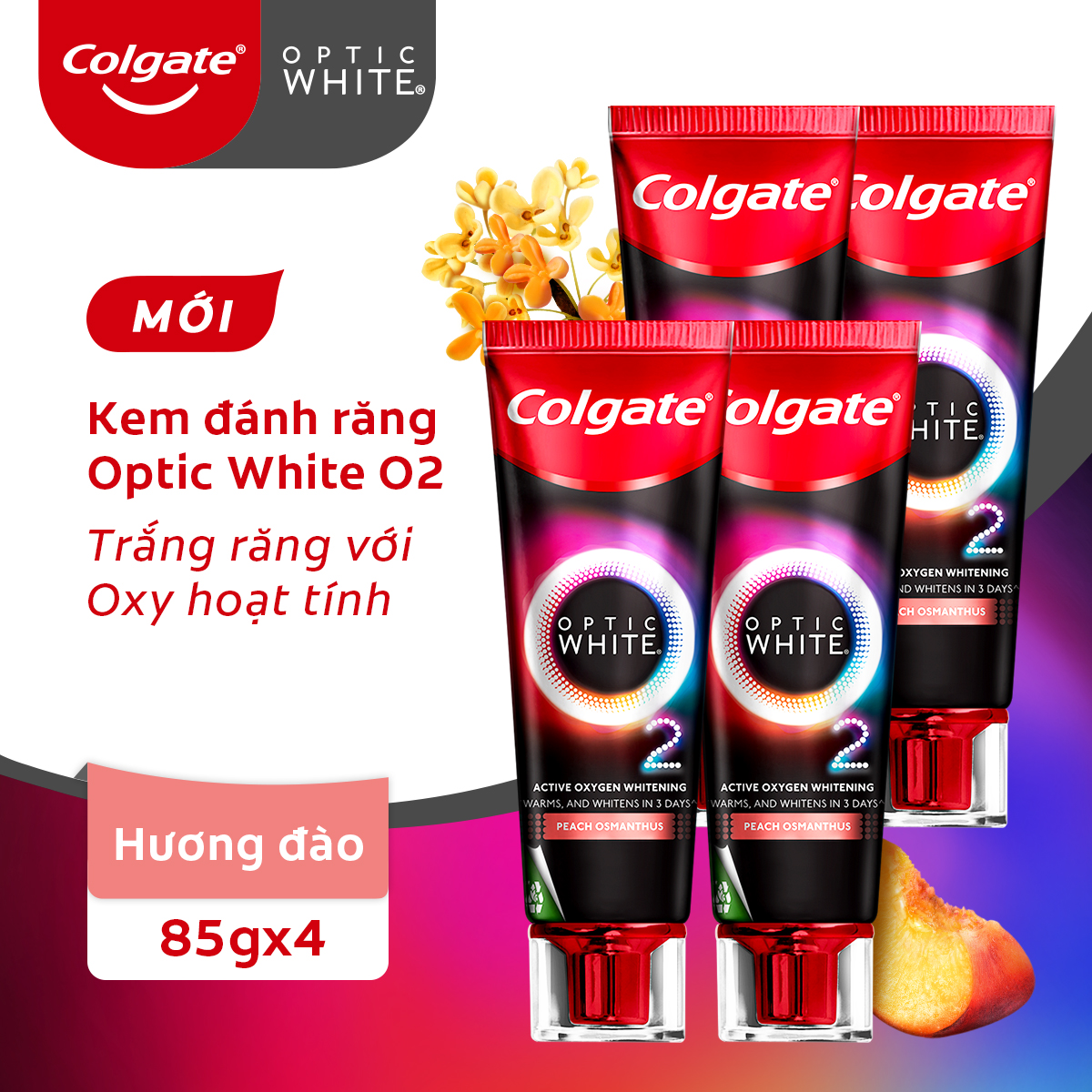 Bộ 4 Kem Đánh Răng Colgate Optic White O2 Oxy Hoạt Tính trắng răng 3 ngày 85g