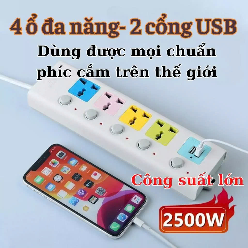 Ổ Cắm Điện USB Đa Năng Cao Cấp Chống Giật , 2 Cổng Cắm USB, 4 Giắc Cắm Điện Có Chốt An Toàn Tiện Dụng - Hàng chính hãng