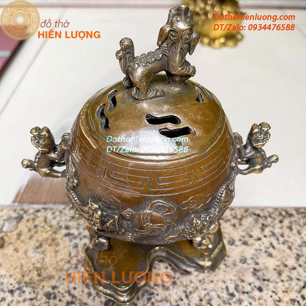 Lư Xông Trầm Nghê Vờn Cầu Bằng Đồng Hun Màu Nâu Giả Cổ Kích Thước 17x20cm, Nặng 1Kg Đẹp Tinh Xảo