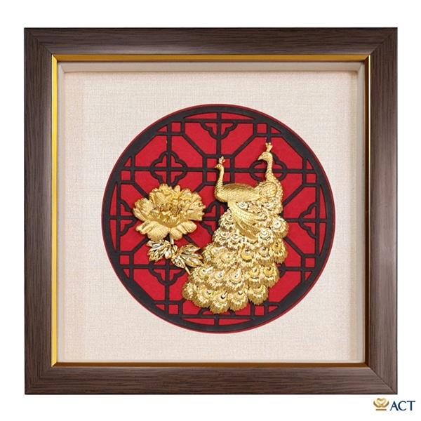 Tranh công và bông hoa mẫu đơn 24x24 cm dát vàng 24K mừng sinh nhật, tân gia