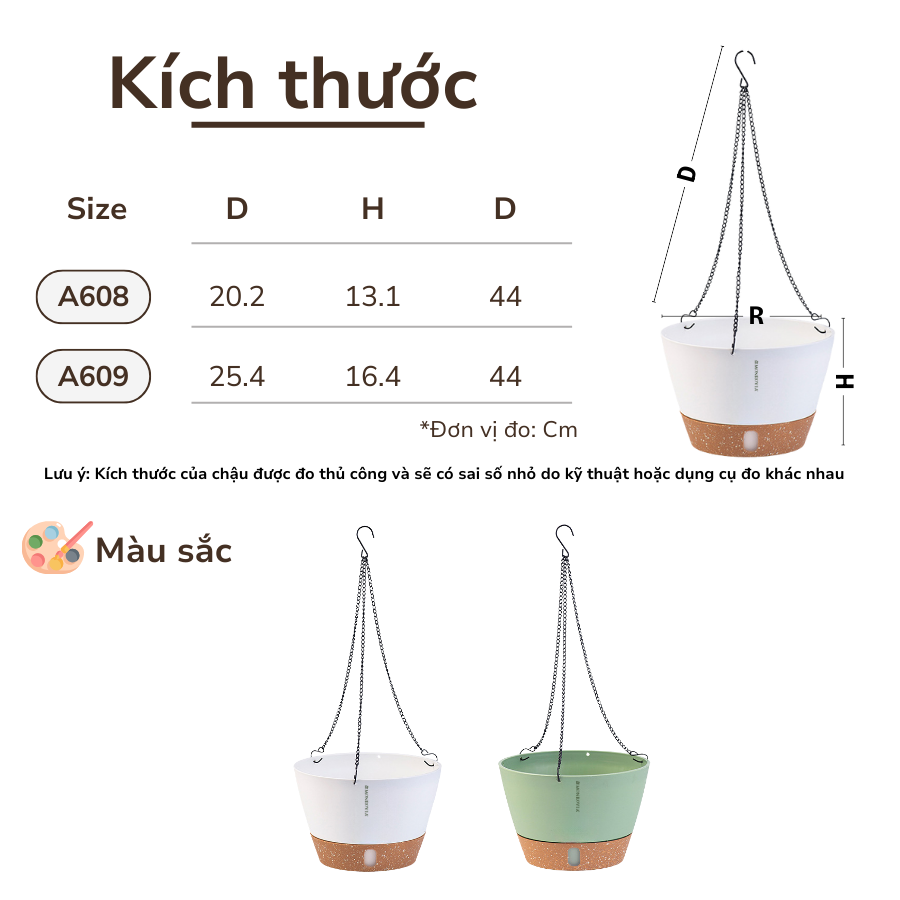 Chậu treo tự tưới MONROVIA cho cây trong nhà và ngoài trời decor không gian sống, có móc treo sắc
