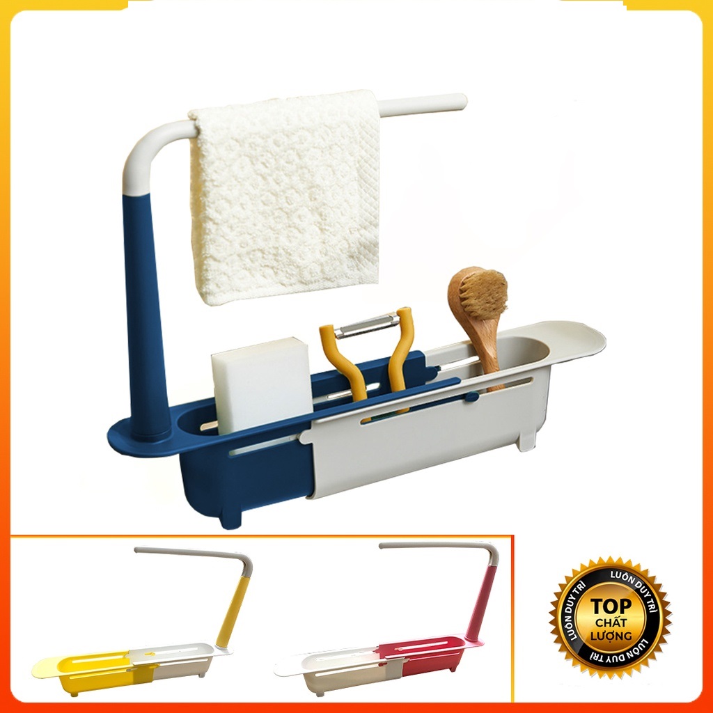 Giá kệ gác bồn rửa bát gia đình cao cấp bằng nhựa có kèm thanh phơi khăn lau tiện ích thiết kế sang trọng hiện đại, thông minh chiều dài co giãn từ 23-45cm, phù hợp với mọi bồn rửa
