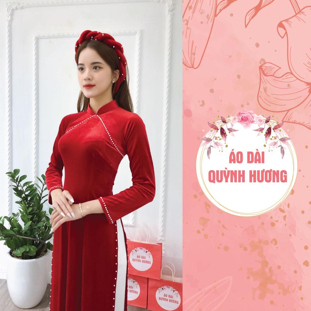Áo dài nhung đỏ cổ truyền thống tay dài đính hạt trai by Quỳnh Hương