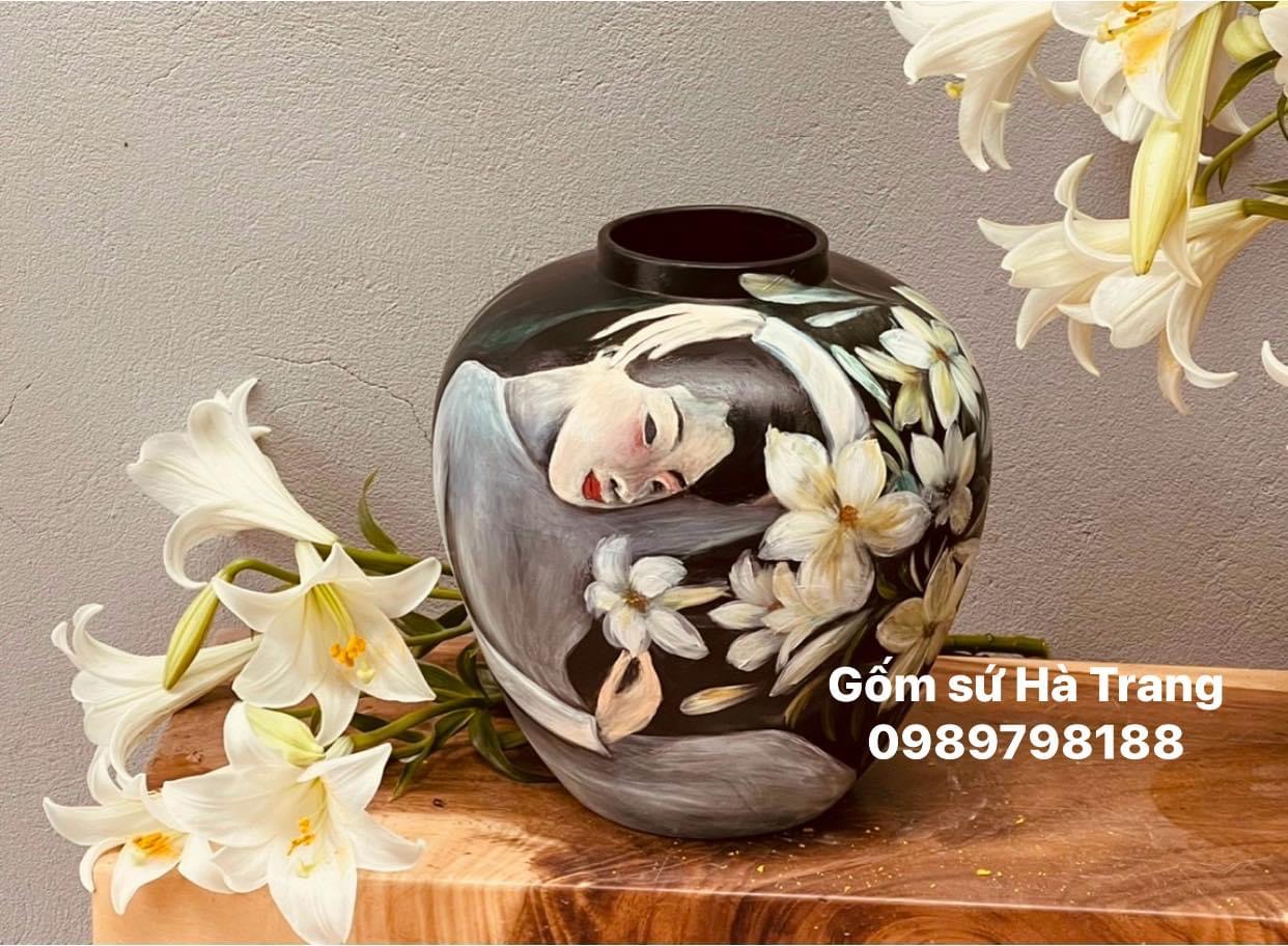 Lọ hoa gốm sứ Bát Tràng cao cấp vẽ 3D cao 30cm