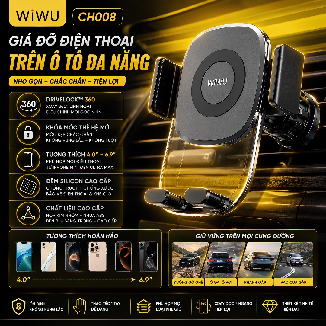 Giá đỡ điện thoại DriveLock 360° trên ô tô xe hơi WIWU CH008 CAO CẤP KẸP TRỌNG LỰC TỰ ĐỘNG CHỐT MÓC KHÓA iPhone Samsung Xiaomi Oppo - Hàng nhập khẩu