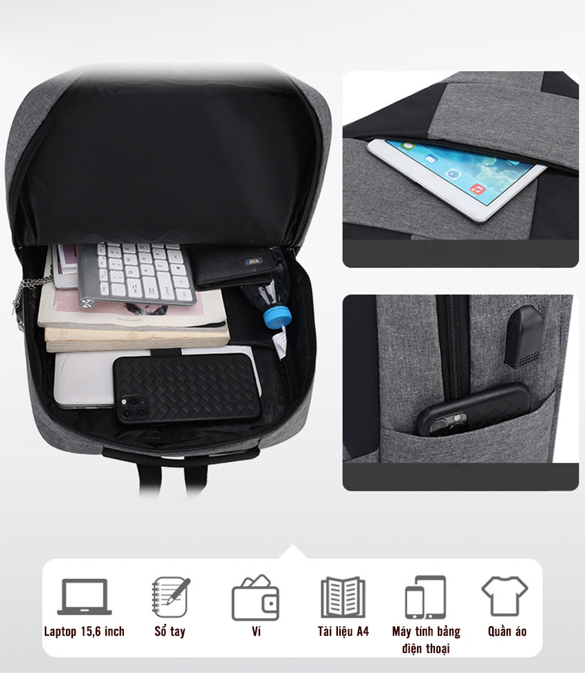 Balo nam nữ B1088 NASI bộ 3 sản phẩm gồm ba lô laptop 15,6 inch có cổng sạc học sinh đi học đi làm công sở túi đeo chéo có lỗ sạc tai nghe đi chơi du lịch bóp vải