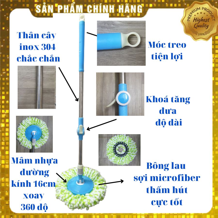 Cây lau nhà 360 độ inox chất lượng không rỉ chắc chắn tiện lợi mâm nhựạ tròn kèm bông lau siêu thấm hút dùng cho thùng lau tự vắt 360