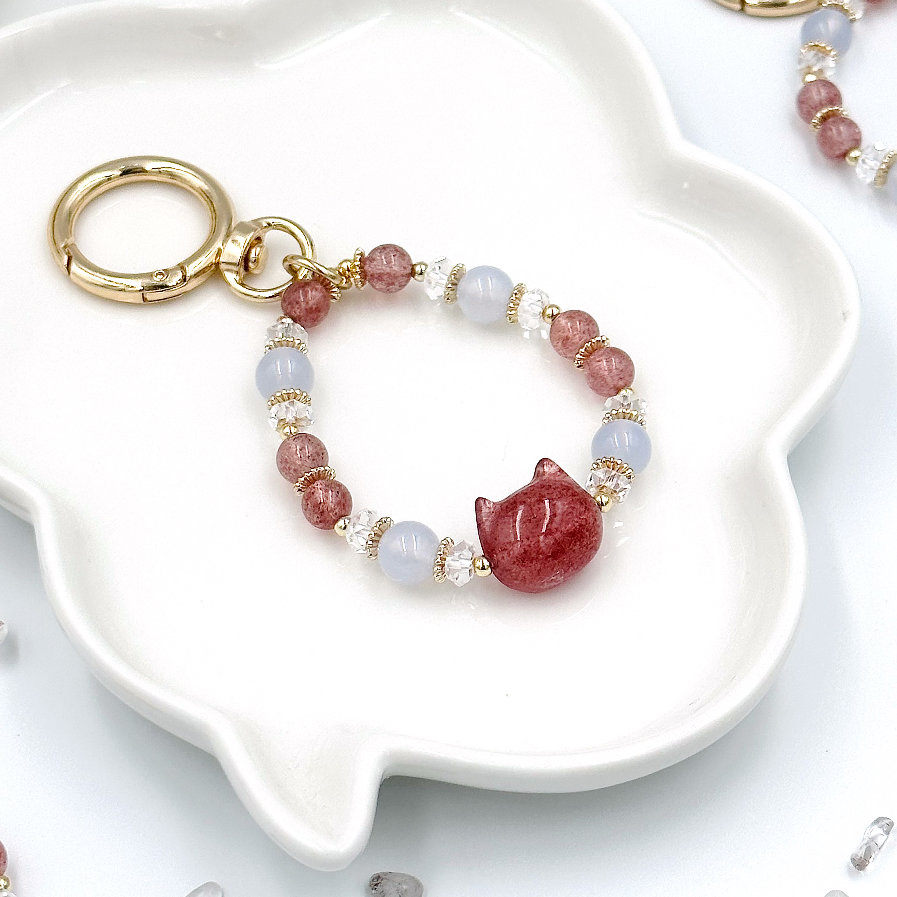 CRZ Bag Charm - Phụ Kiện - Opalite With Strawberry Quartz Cat Head - Móc Khóa Vòng Tay Đá Opal Kèm 1 Charm Thạch Anh Dâu Hình Đầu Mèo