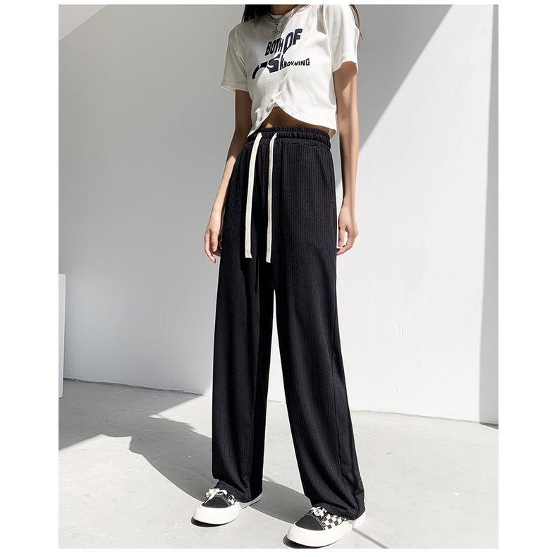 Quần ống rộng thun tăm xuất hàn lưng cao cạp chun dây rút dáng xuông dài Quần culottes ống suông co dãn vải mềm mát lạnh