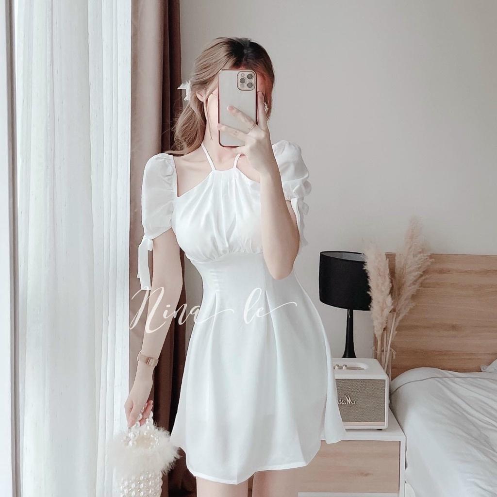 Đầm váy nữ cổ kiểu yếm tay ngắn buộc nơ ôm eo dáng xòe gợi cảm, quý phái cho nàng dự tiệc