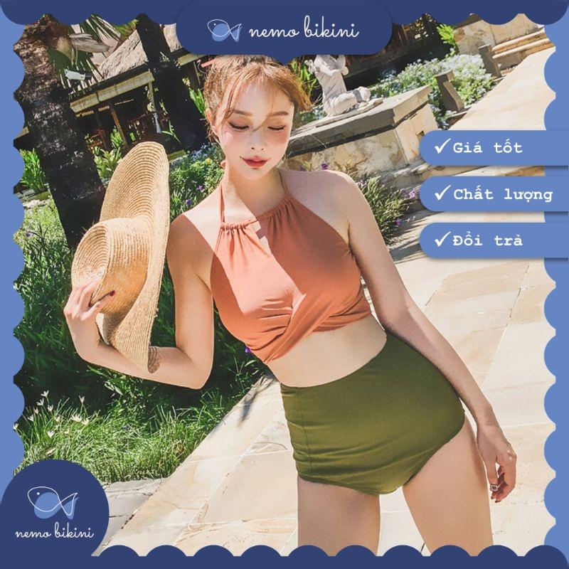 Nemo Bikini - Đồ bơi nữ, áo tắm, đồ bơi 2 mảnh tôn dáng áo yếm cam quần xanh
