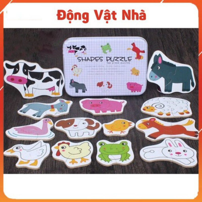 Đồ Chơi Ghép Hình Gỗ Puzzle 2 Mảnh Hộp Sắt Cho Bé Thông Minh