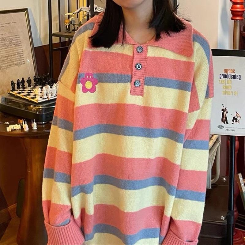 Áo Polo Len Form Rộng Nam Nữ Hoạ Tiết Sọc Thêu Bông Hoa Chất Len Đẹp Đanh Mịn Không Bai Nhão Thời Trang Ulzzang Hàn Quốc