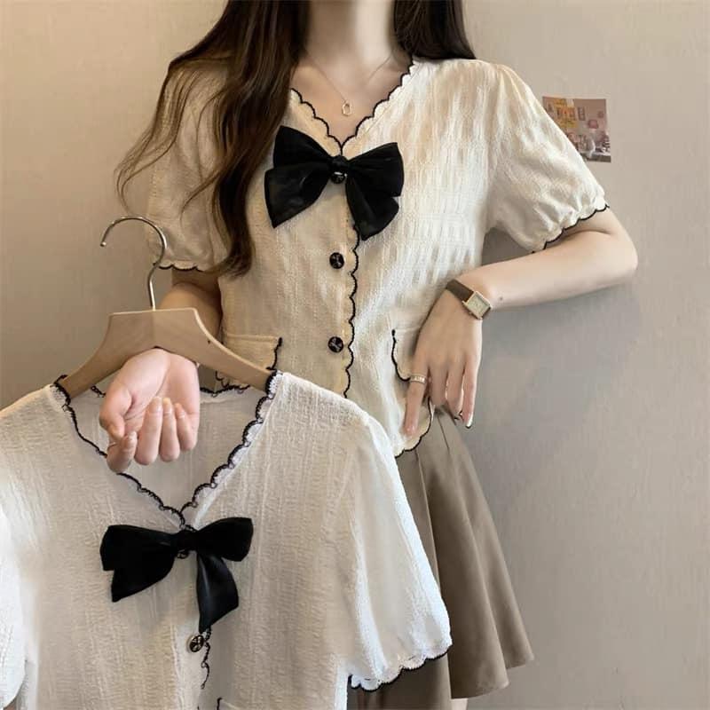 Áo sơ mi vải xốp cách điệu phối nơ đen thời trang NIEVE