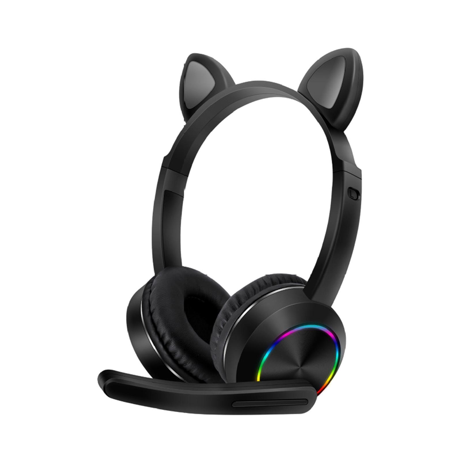 Bluetooth Headphones LED Light up Cat Ear Headset Earphones w/Mic Black