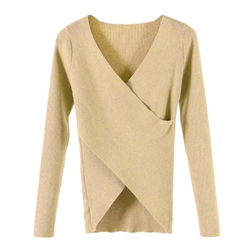 Women Knitted Sweater Solid V-neck Long Sleeves Autumn Winter Cross Knitting Basic Tunic Tops Blouse