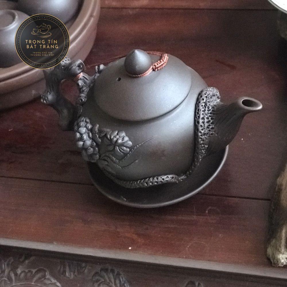 Bộ Ấm Chén Trà Đạo Gốm Tử Sa Bát Tràng Đắp Nổi Hoa Phù Dung Dáng Thủy Bình Dung Tích 400ml ATSML 02.2