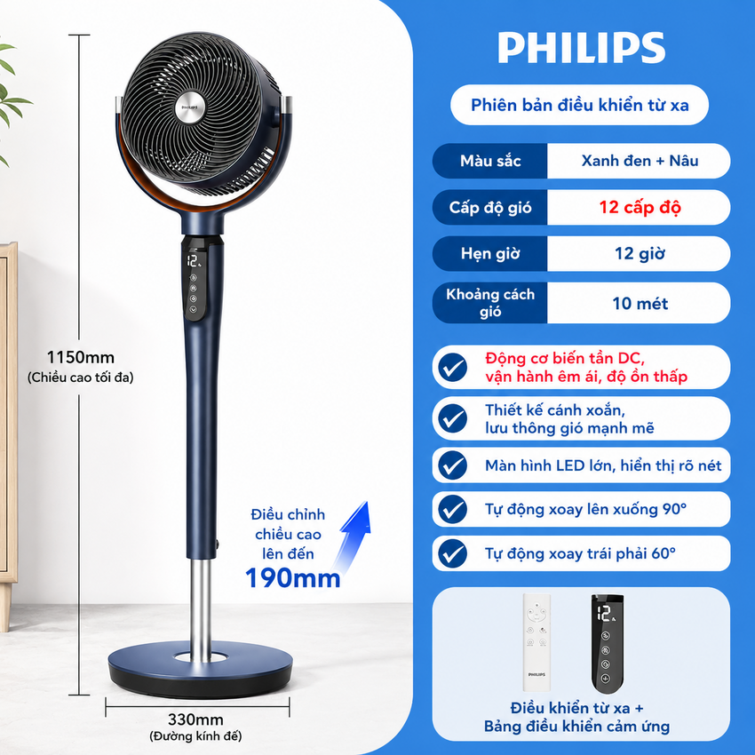 Quạt tuần hoàn không khí 3D động cơ biến tần DC chuyên nghiệp thương hiệu Hà Lan cao cấp Philips ACR3246CFV Serial 3000 - Hàng nhập khẩu