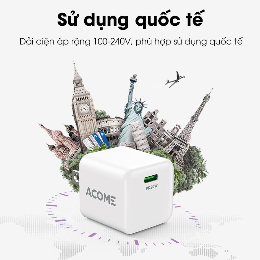 Cốc Sạc Nhanh ACOME AC06U PD 20W Cổng Type-C Tương Thích Với Các Dòng Điện Thoại Android/iOS - Hàng Chính Hãng