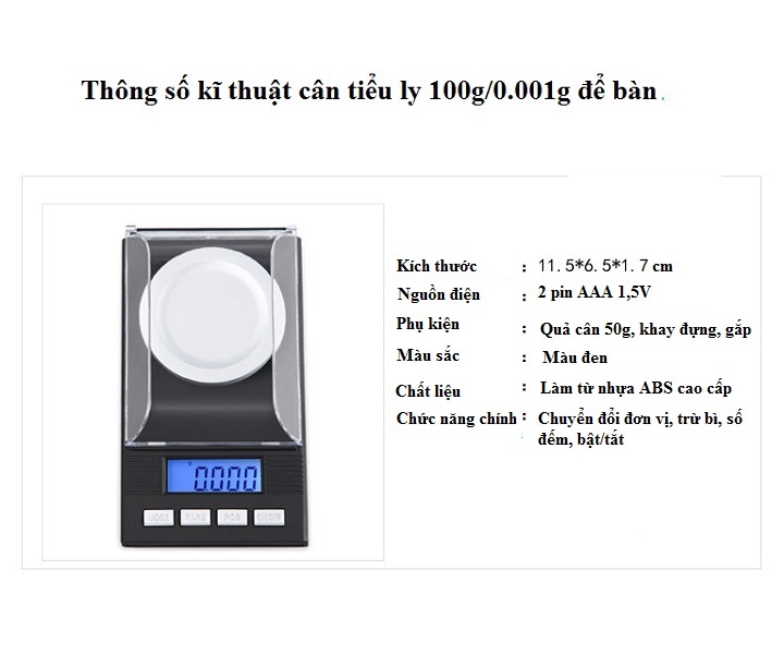 Cân tiểu ly 100g/0.001g đa năng màn hình hiển thị LCD cao cấp ( Tặng kèm 02 nút kẹp đa năng )