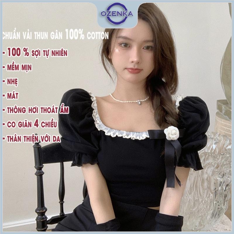 Áo croptop nữ tay bổng cổ vuông ôm phối bèo tay ngắn, crt kiểu Hàn Quốc mặc hè 2022 màu đen trắng dưới 50 kg