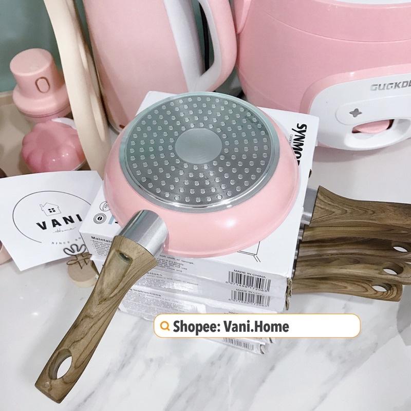 Chảo chống dính cao cấp 16cm đáy từ vân đá hoa cương - Chảo chiên trứng làm trứng cuộn lúa mạch tay cầm gỗ dài size nhỏ