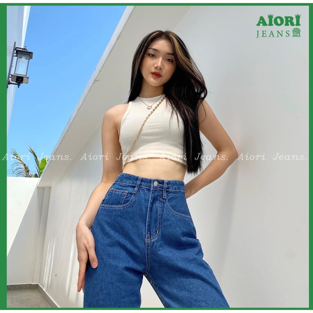 Quần Jeans Nữ, Quần Bò Nữ Aiori Ống Rộng Cạp Cao Trơn Kiểu Bò Suông Phong Cách Thời Trang Hàn Quốc Ulzzang_Mã A003 - Xanh Nhạt, Xanh Nhạt