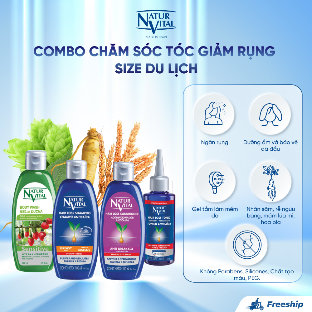 Combo Chăm Sóc Tóc NaturVital Anti-Hair Loss Size Mini Du Lịch Dành Cho Tóc Thường & Hư Tổn, Hỗ Trợ Giảm Rụng (Bộ 4 Chai)