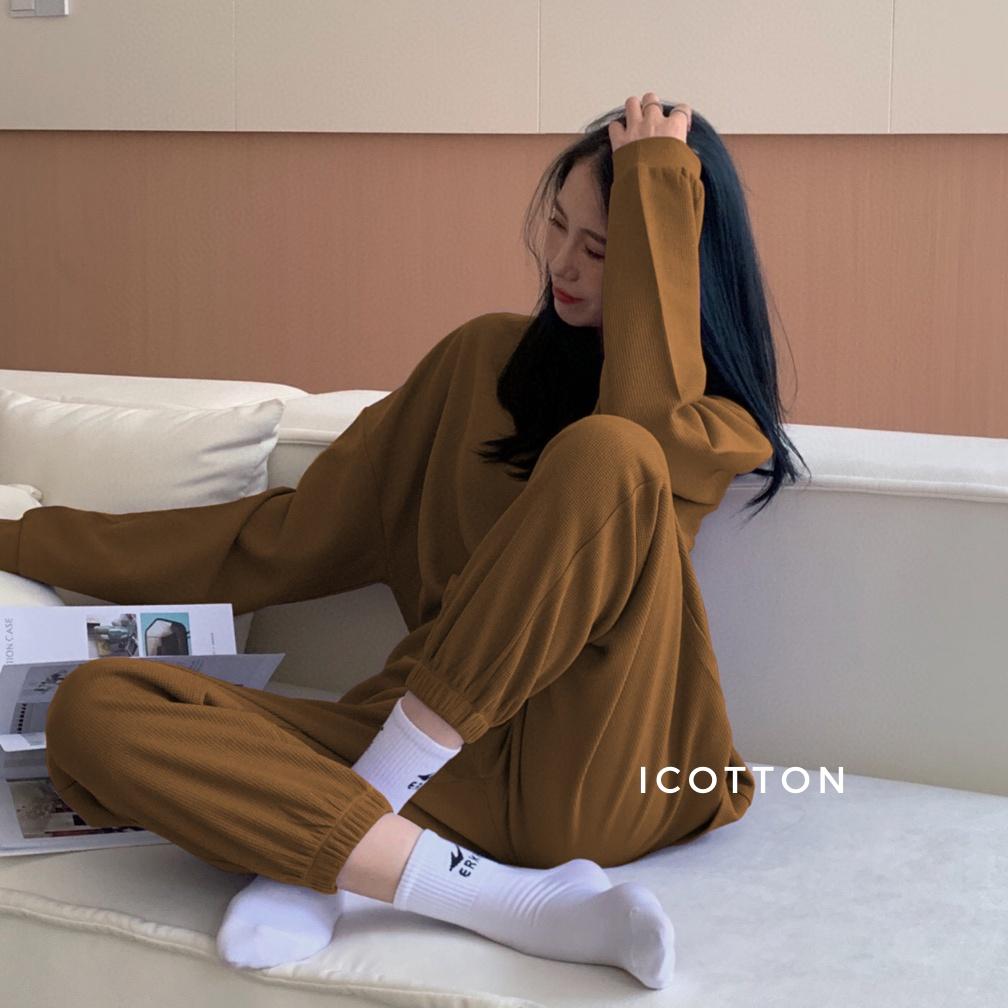 Bộ mặc nhà thu đông ️ iCotton ️ len tổ ong cao cấp, dày dặn, mềm mại, thoải mái cho nam và nữ