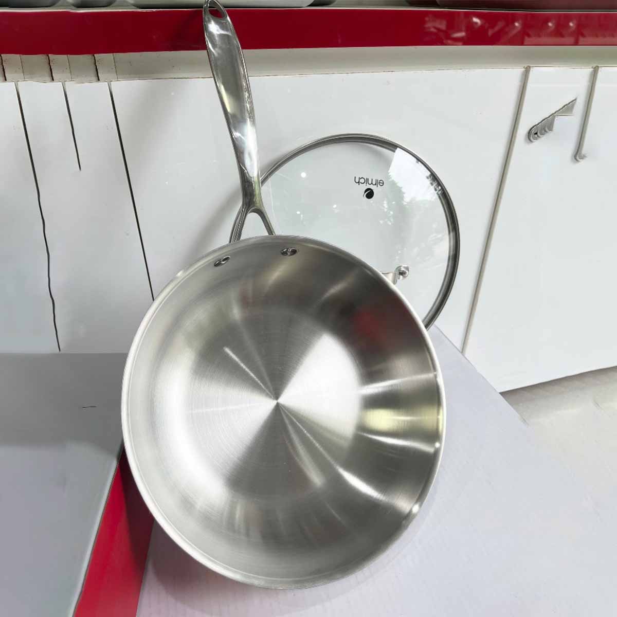 Chảo Inox 304 Cao Cấp 3 Lớp Đáy Liền Elmich Trimax kèm vung kính - Hàng chính hãng