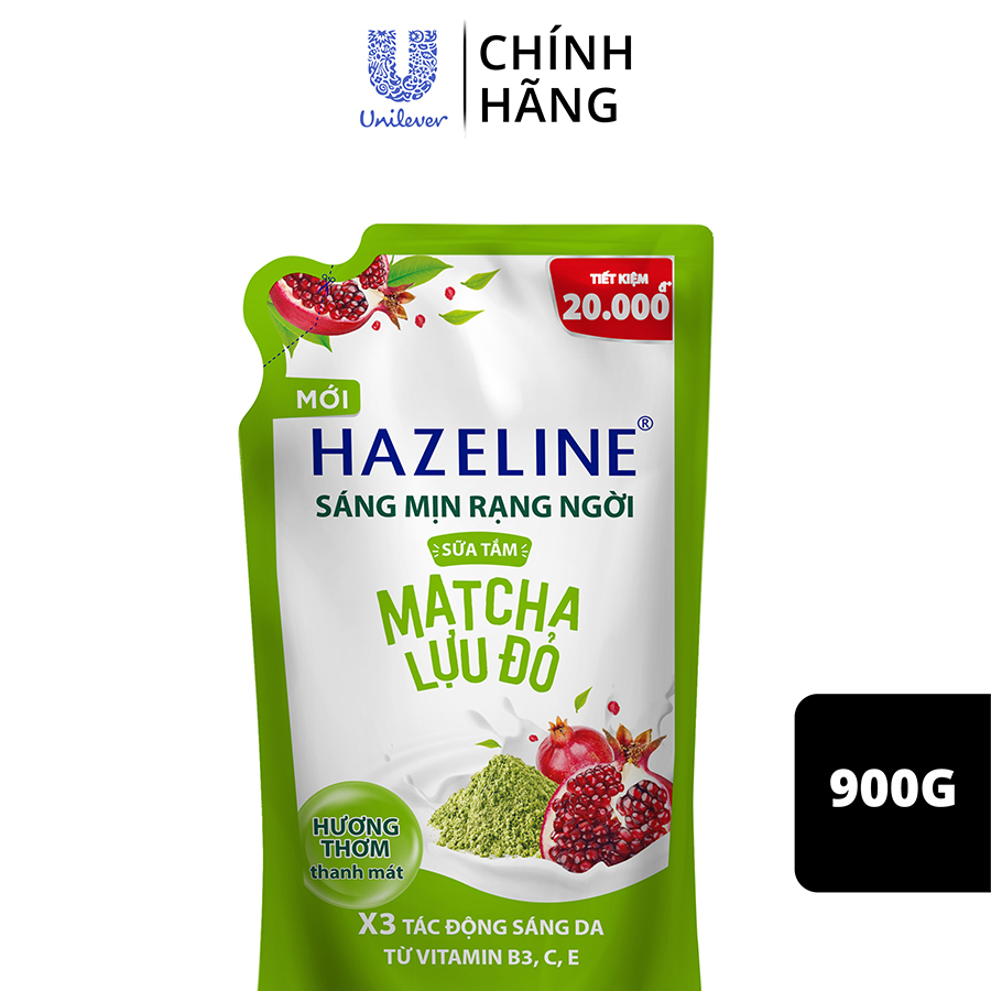 Sữa tắm Hazeline Dưỡng Thể Trắng Sáng & Mịn Da Từ Thiên Nhiên Matcha Lựu Đỏ Túi 900g