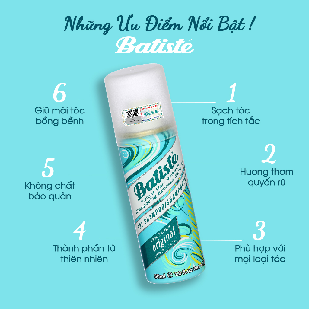 Dầu Gội Khô Hương Cổ Điển Batiste Dry Shampoo Clean &amp; Classic Original 50ml