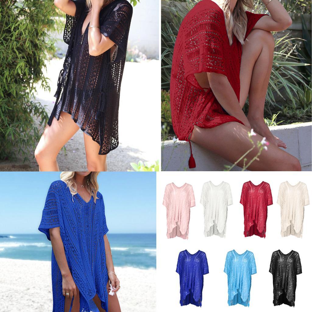Womens V-Neck Swimwear Hollow Out Swimsuit Cover Up Knitted Beach Dresses
