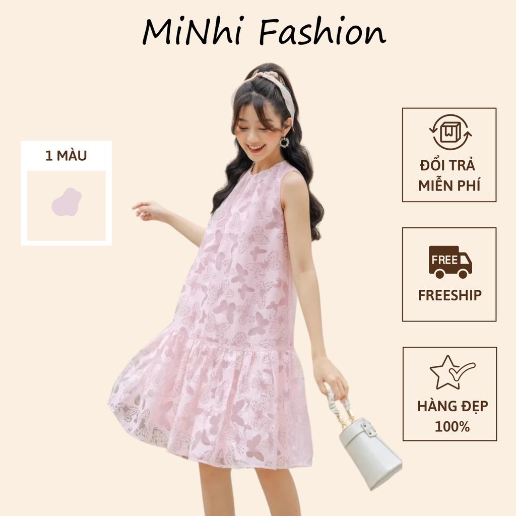 Đầm babydoll hồng họa tiết bướm, Váy babydoll dáng suông Cao Cấp vải voan hồng phấn nữ tính quyến rũ MiNhi Fashion