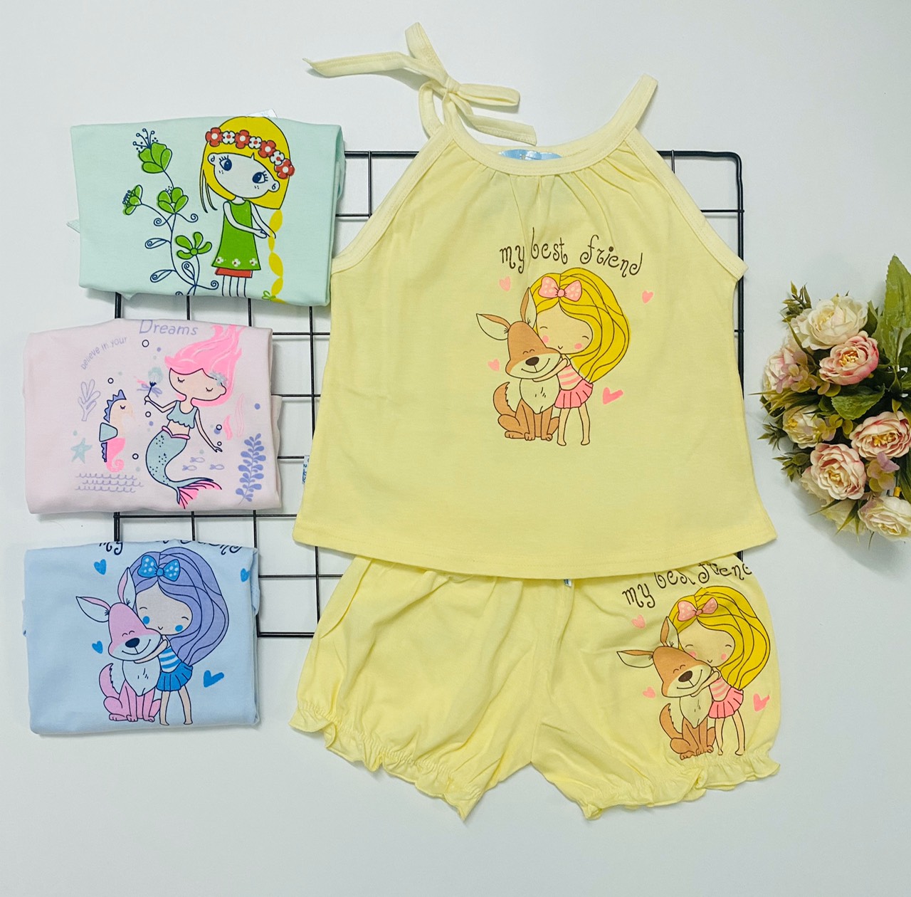 Combo 3 bộ đồ bộ bé gái cotton mùa hè mẫu áo dây, quần nhún màu nhạt siêu xinh J-TomTomBaby