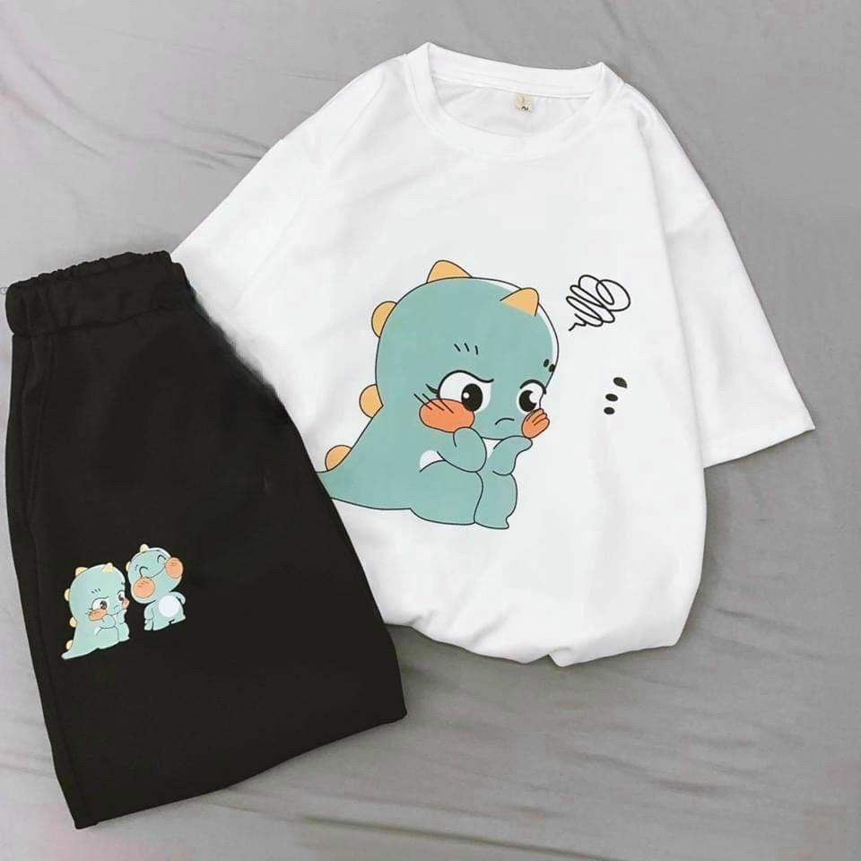 Đồ Bộ Nữ mặc nhà unisex Cotton in hình Khủng Long cute Form rộng thời trang cho mùa hè-Siêu đẹp