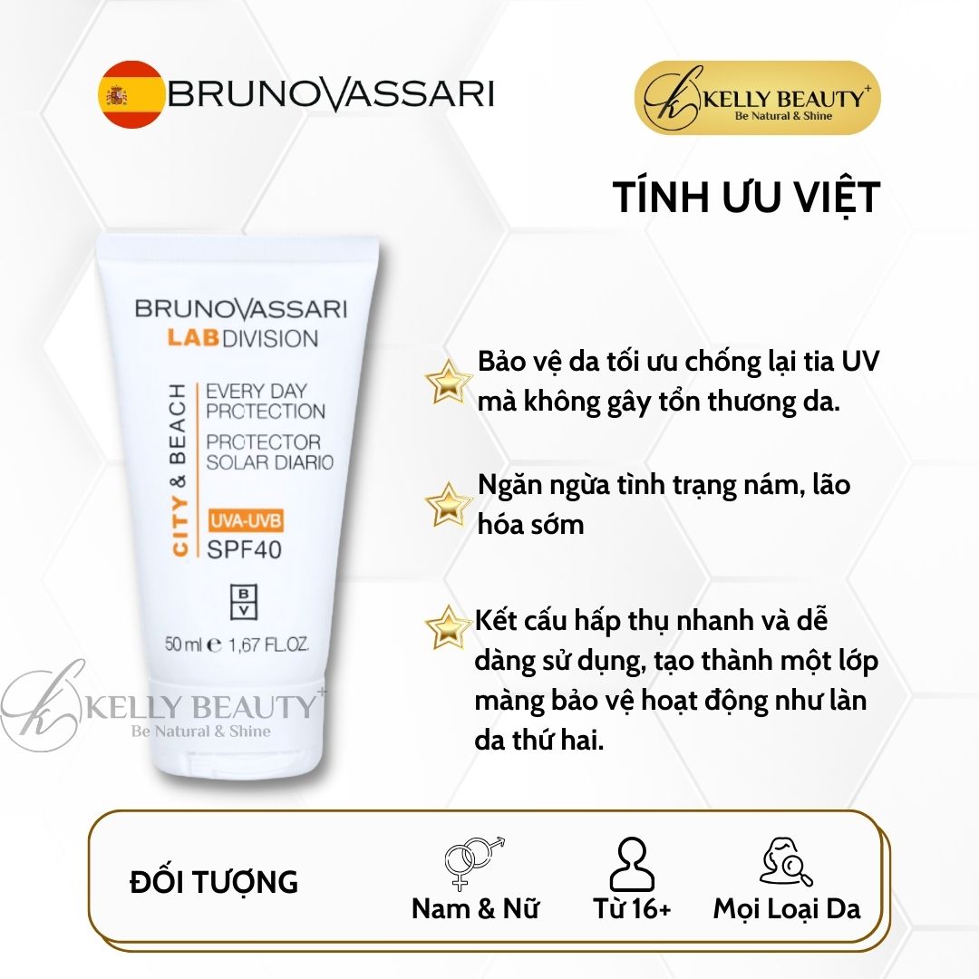 Kem Chống Nắng Phổ Rộng City & Beach Everyday Protection SPF40 - Bruno Vassari | Kelly Beauty