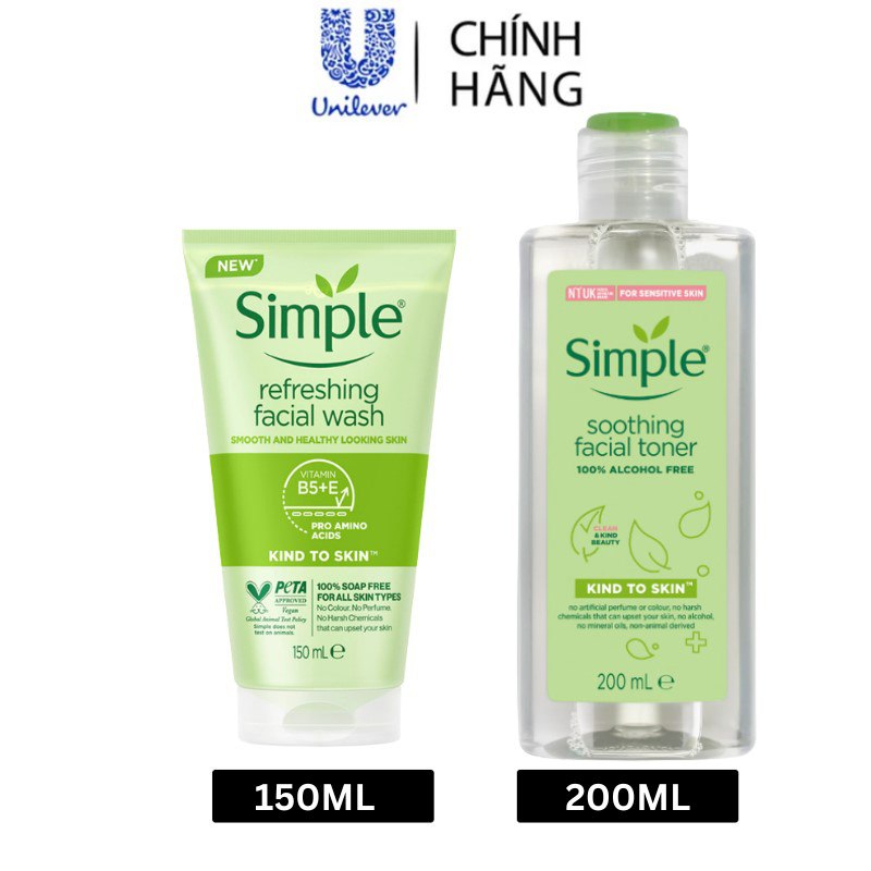Combo Sữa rửa mặt Simple sạch thoáng không chứa xà phòng 150ml + Nước hoa hồng Simple 200ML