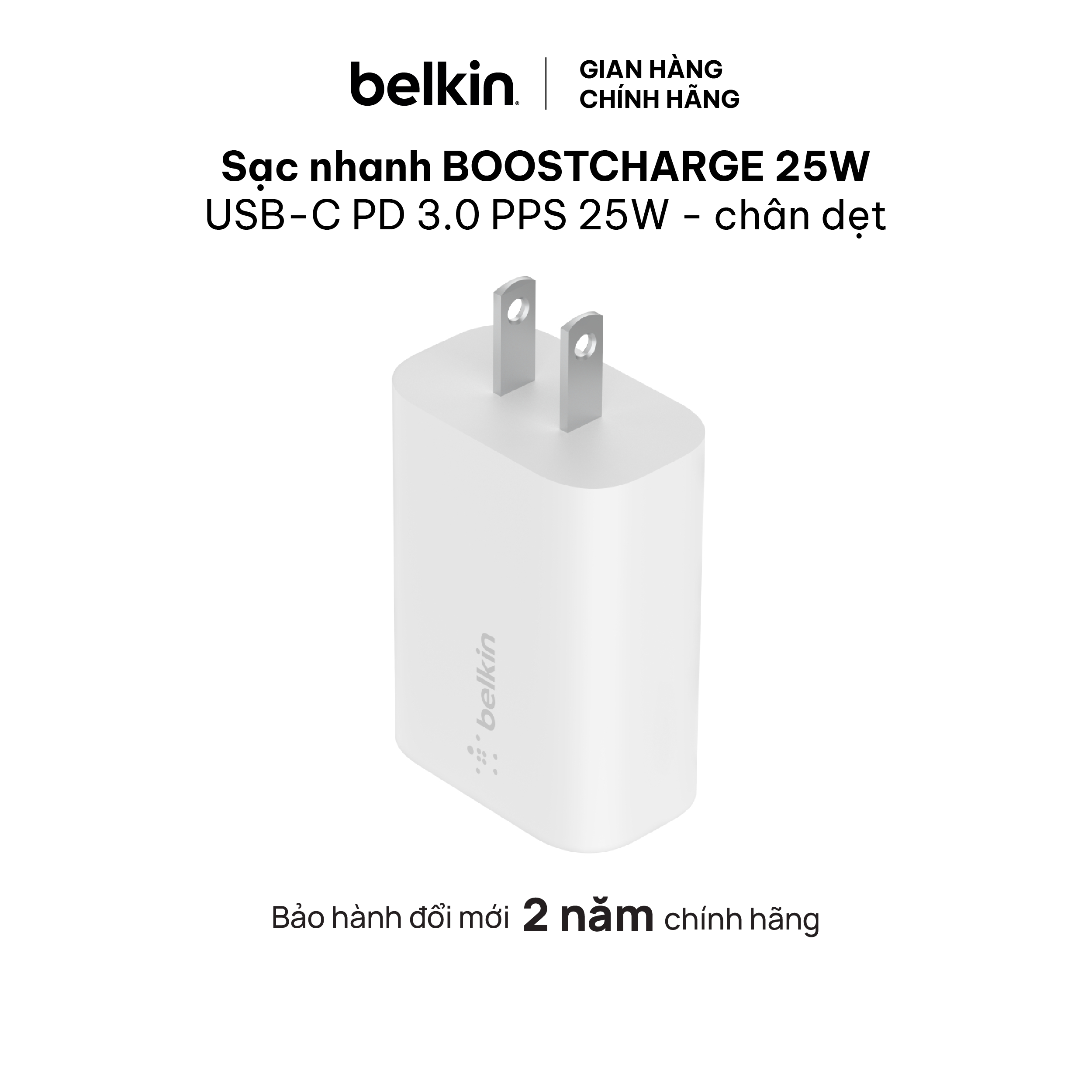 Adapter sạc nhanh 25W USB-C PD Belkin - Hàng Chính Hãng - WCA004dqWH