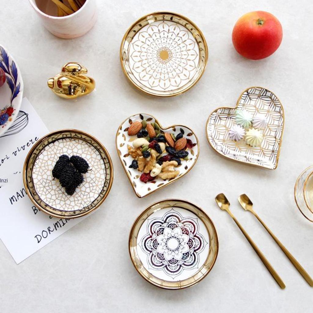2X Nordic Style Ceramic Small Dishes Circle Trinket Tray Gold Trim Style-03