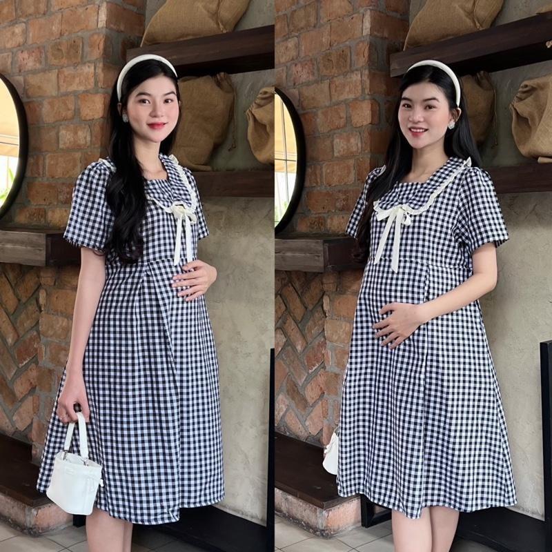 Đầm bầu Karo xếp ly cổ viền bèo xinh xắn, nhẹ nhàng baby nhẹ nhàng đáng yêu - Nâu