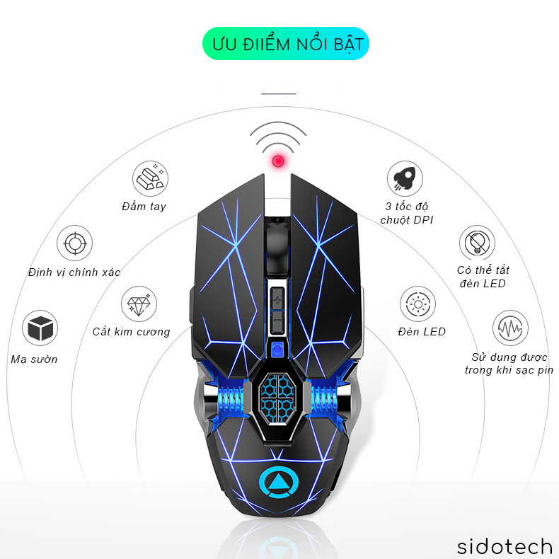 Chuột Gaming không dây Wireless SIDOTECH S7A chơi game không độ trễ sạc pin trực tiếp, điều chỉnh độ nhạy DPI, LED biến đổi chủ động chuyên cho game thủ Streamer - Hàng Chính Hãng