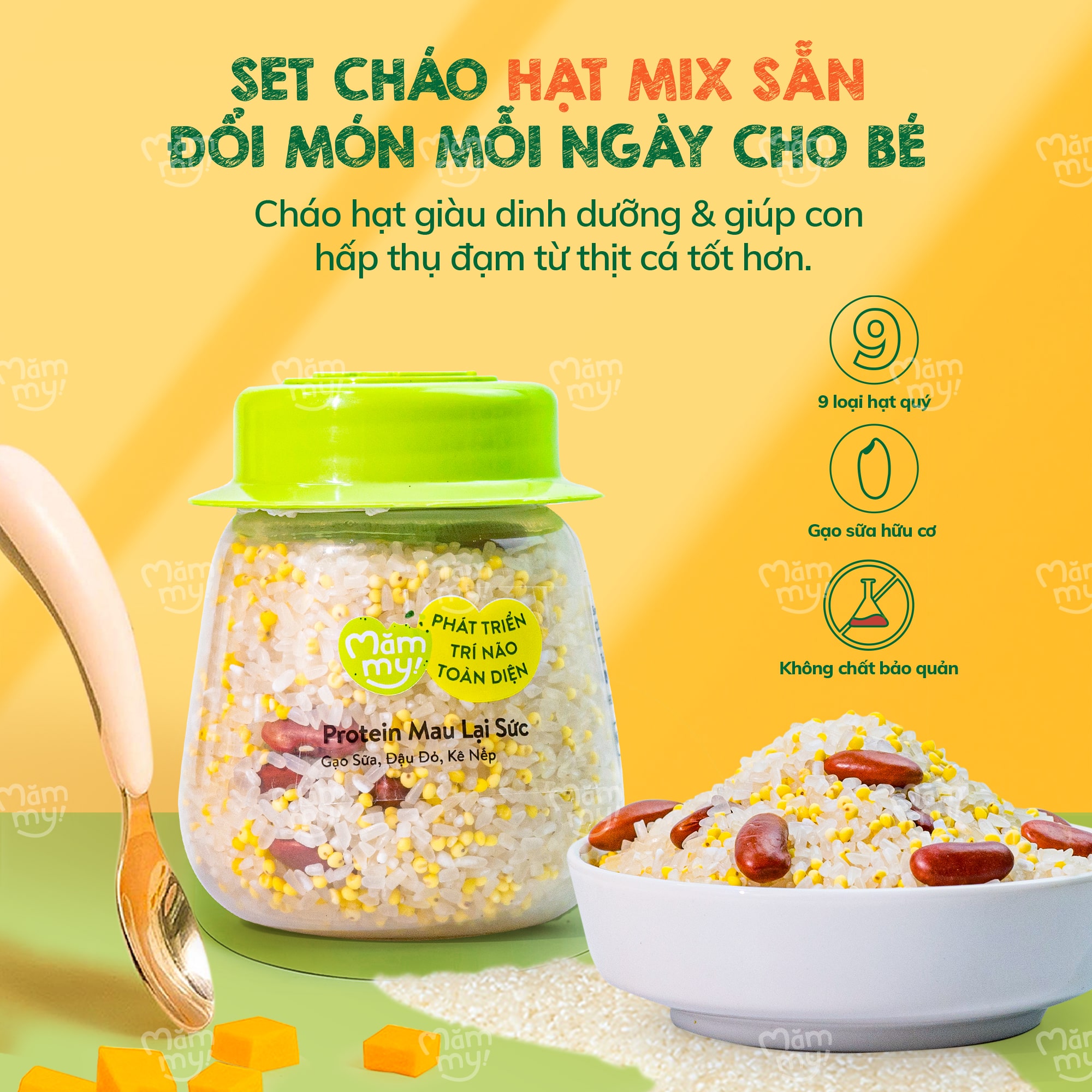 Hạt mix Mămmy cho bé ăn dặm protein mau lại sức trên 6 tháng gạo sữa, đậu đỏ và kê nếp, hũ 145g