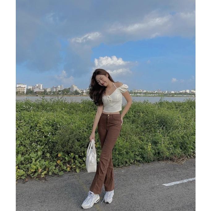 SET ÁO CROPTOP TRẮNG + QUẦN SUÔNG NÂU
